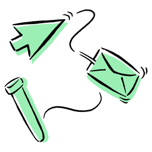 Three items (clicker, envelope, test tube) representing the process of ordering an STI test online